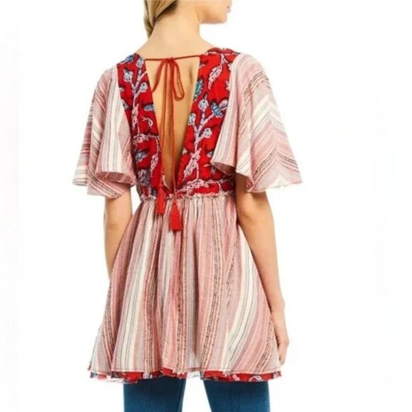 Free People Red Floral Stripes Under The Sun Tunic Top Mini Dress 37265 - Picture 13 of 13